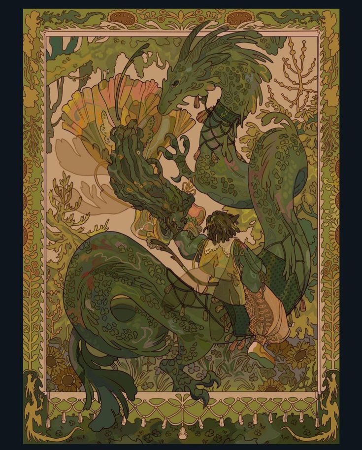 the image is a digital illustration done in a style reminiscent of art nouveau. it depicts a large, green, serpentine dragon with intricate details and stylized features, interacting with a person who seems to be calmly sitting astride the creature's back. the dragon and the person are surrounded by lush, stylized flora and fauna, suggesting a forest setting.  the entire scene is framed by an elaborate, art nouveaustyle border featuring floral and geometric patterns. the color palette is dominated by various shades of green and muted earth tones, creating a calm and somewhat mystical atmosphere. the overall style is highly decorative, with attention paid to texture and detail.