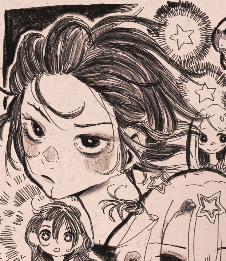 the image is a detailed, handdrawn sketch or illustration in a monochrome style, reminiscent of anime or manga art. it features a closeup portrait of a young woman or girl with messy, voluminous hair. her expression is somewhat melancholic, with tired eyes and dark circles under them.  the drawing style is expressive and detailed, with textured lines and shading giving it a slightly vintage or nostalgic feel. the background includes stylized stars and circular designs, adding a whimsical, celestial element to the scene.  there are also smaller, less detailed figures visible in the background, possibly other characters or elements of a larger composition. the overall aesthetic blends expressive character design with a more abstract, illustrative background. the paper texture is visible, suggesting the drawing was done on paper. the color palette is limited to shades of sepia and beige, providing a warm, muted tone.
