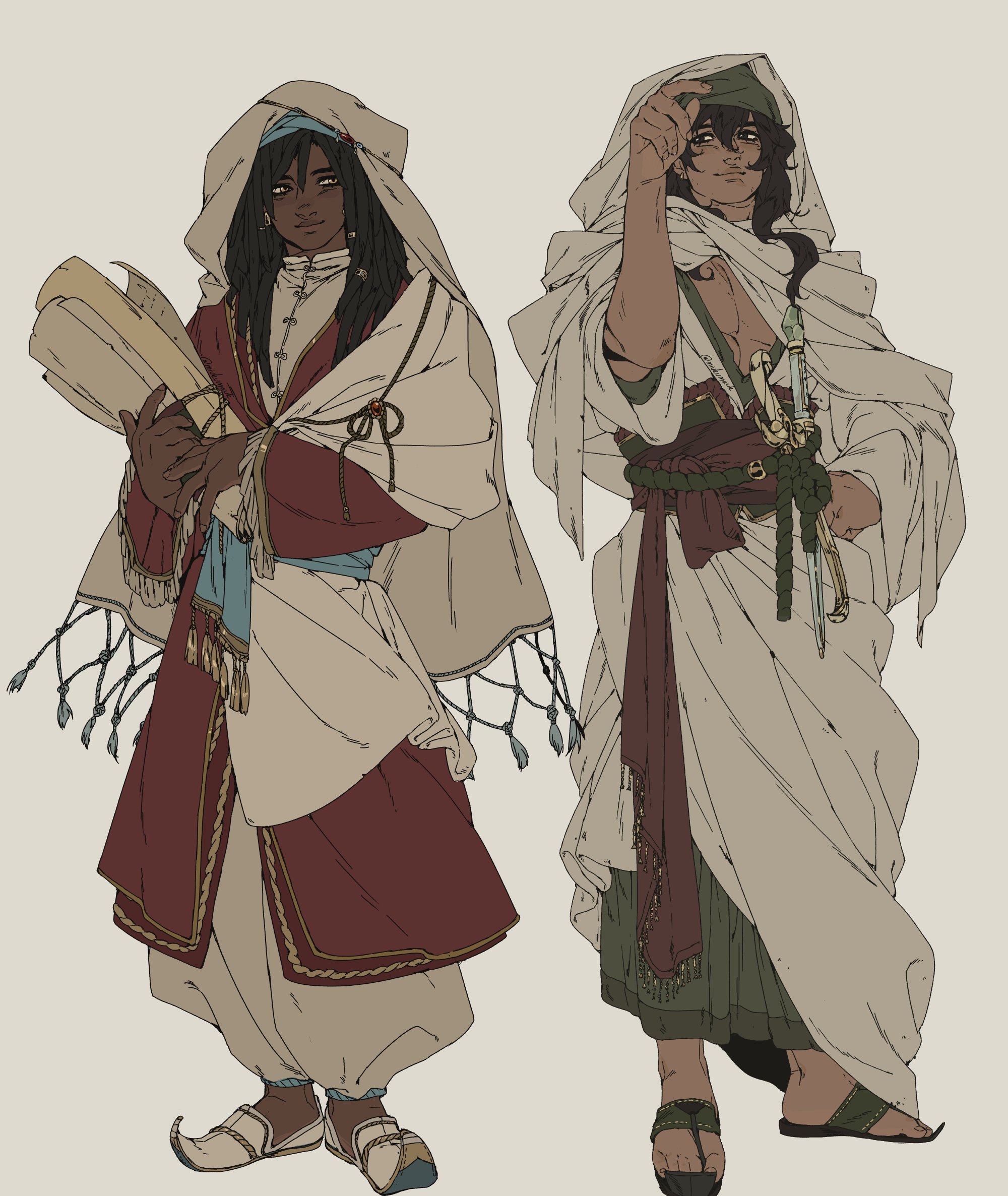 two men stand side by side in a colorful, intricate illustration. the man on the left is holding a scroll in his left hand. he is wearing a white robe with a burgundy under tunic with a blue scarf around his waist, his hair is black and curly, and he wears a blue turban. the man on the right is wearing a white robe, a green under tunic and a brown scarf around his waist. his hair is brown and curly, and he wears a brown turban. he is holding his left hand out as if pointing at something with a small, thin dagger at his side. they both wear sandals. they stand in front of a light grey background.