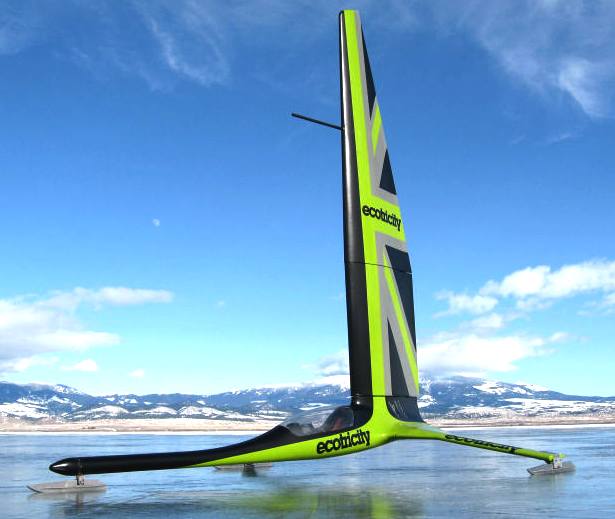 a black and green ice boat with a sail printed with the eco city logo is on a frozen lake. the mountains and a clear blue sky can be seen in the background.