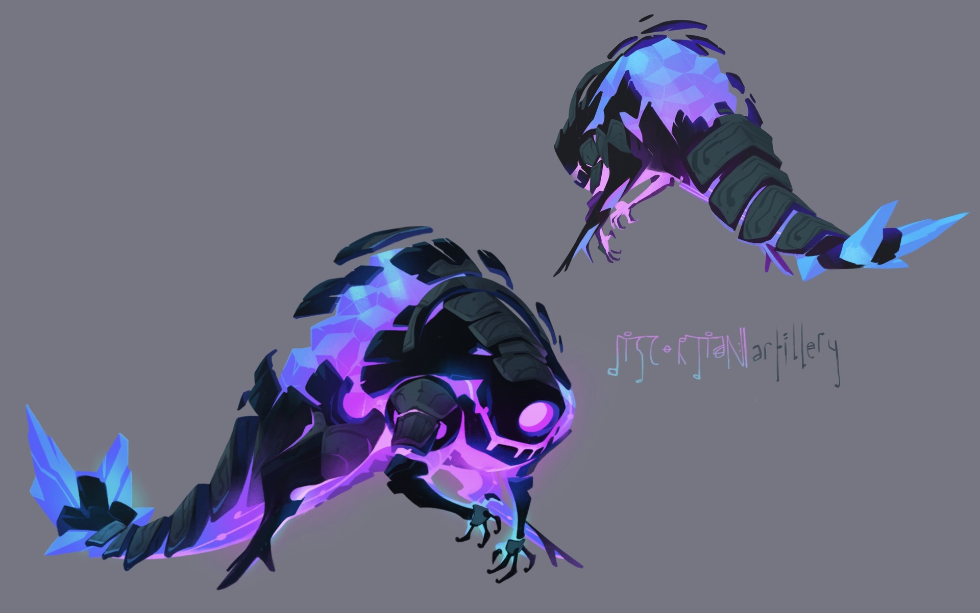 the image showcases two views of the same fictional creature design. it resembles a reptilian or amphibian creature with a segmented body, glowing purple accents within its dark form, and a single, glowing eye. the creature has sharp claws and a tail that ends in sharp, crystallike formations. the style is stylized and digital, emphasizing form and color over realistic detail.
