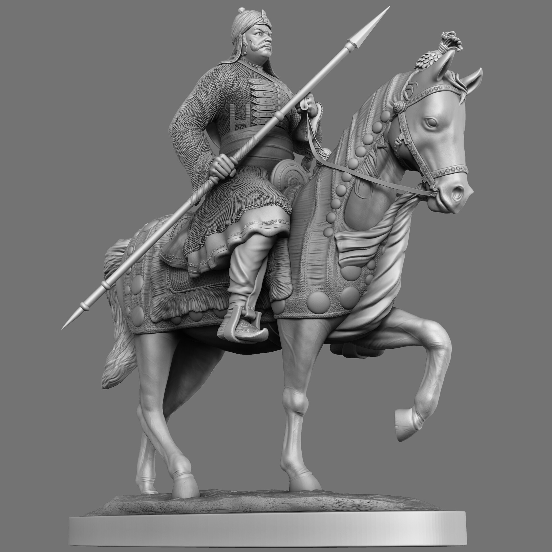 a 3d model of a statue depicting a warrior riding a horse. the warrior is holding a spear and wearing armor. the horse is also adorned with decorative elements. the model is in grayscale, with a smooth, matte finish. the background is a neutral gray.