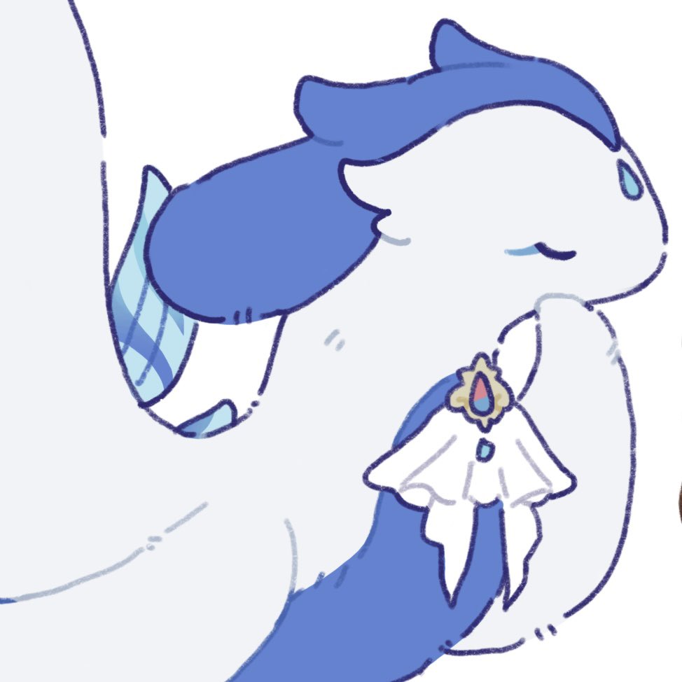 the image is a digital drawing of a cute, chibistyle fantasy creature. it resembles a cross between a dragon and a mermaid, with a white body, blue fins, and a delicate, seashelllike accessory around its neck. the creature's expression is peaceful and serene, and its overall aesthetic is soft, pastel, and charming. the art style is whimsical and dreamy, with soft lines and shading, contributing to the overall cute and adorable feel.  the background is white, focusing attention on the character.