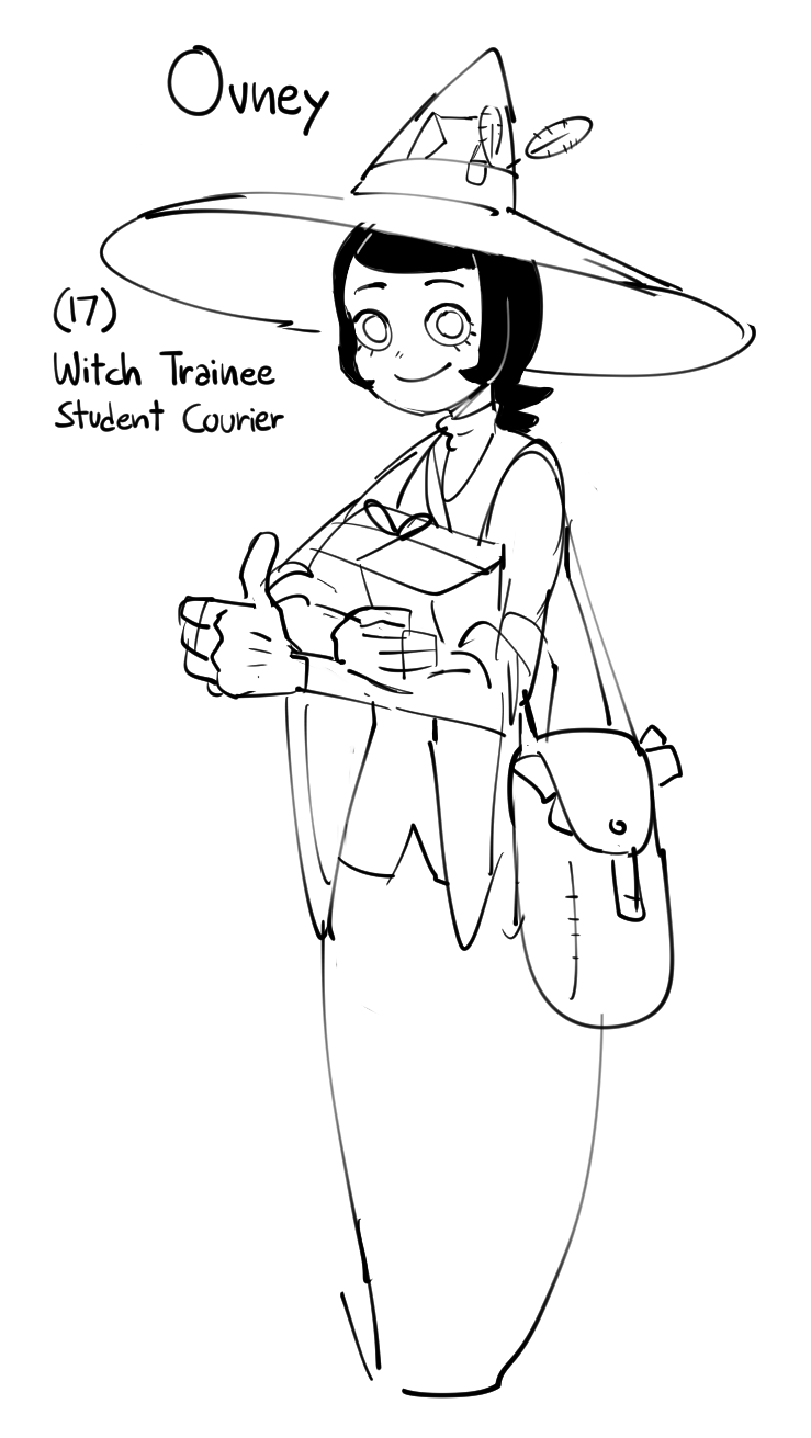 a handdrawn line art of a young witch named "ovney" carrying a package in her arms and wearing a satchel bag across her shoulder. she is dressed in a long coat and a hat, and has a friendly expression on her face. she appears to be a student courier for a witch academy or training facility.