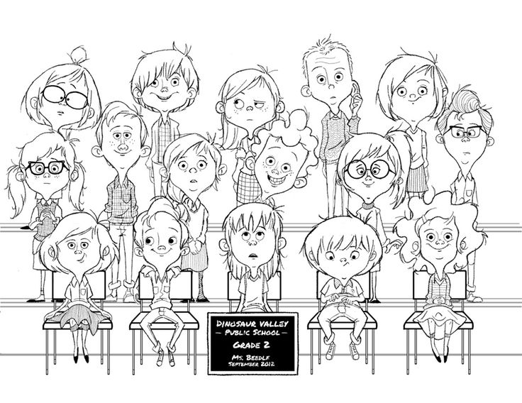a black and white cartoon illustration of a class photo featuring students of dinosaur valley public school, grade 2. the students are caricatured and lined up in rows with some sitting on chairs and others standing behind them. a signboard in the front reads "dinosaur valley  public school  grade 2  ms. beedlelf september 2012".