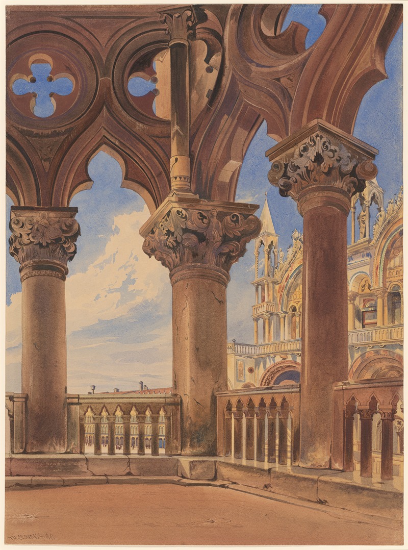 the image is a watercolor painting depicting a detailed architectural view, likely in venice, italy. it features a section of the doge's palace or a similar ornate building with columns, arches, and intricate ornamentation. the painting showcases architectural elements such as columns with decorative capitals, elaborate arches with cutout quatrefoil designs, and portions of the building's facade. the foreground includes a stone balcony or terrace. the palette consists of earth tones and blues, creating a historic and artistic atmosphere.