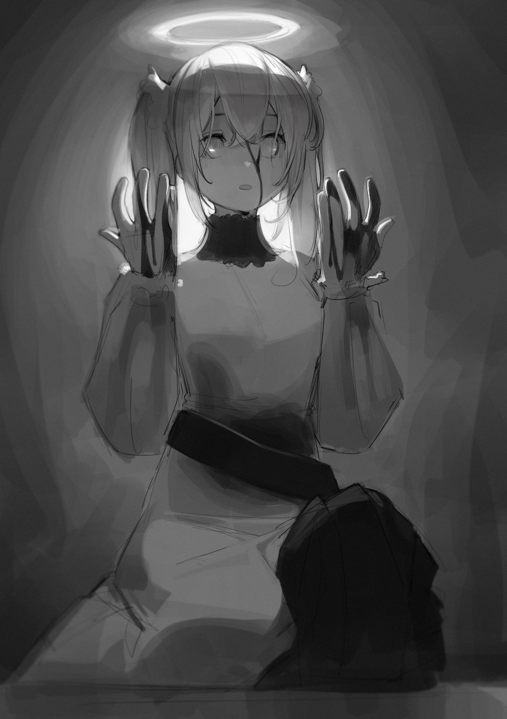 the image is a black and white sketch of a young girl with a halo above her head. she is drawn in an anime style and appears to be in a dark environment, with the only light source coming from behind her, creating a halo effect. she has a sorrowful expression, suggesting themes of death, grief, or innocence lost. her dress and overall appearance suggest an ethereal, otherworldly presence.