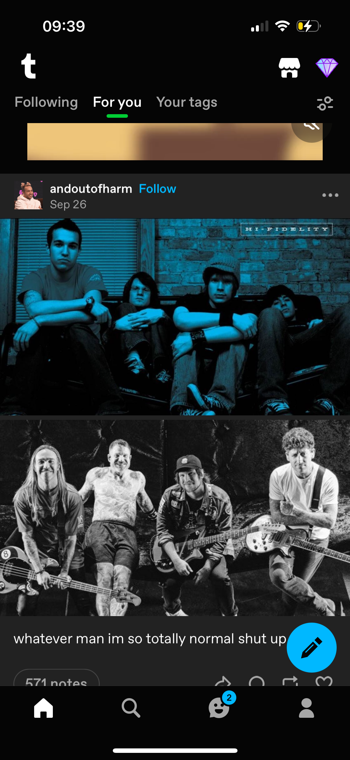 a tumblr post showing a band's photo, with the caption "whatever man im so totally normal shut up". the photo is split into two parts, the top part shows the band members in blue lighting against a brick wall, the bottom part shows the band members in black and white with guitars in their hands. the photo is on a tumblr page which is open on a phone.