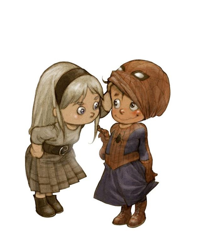 an illustration depicts a young girl with blonde hair, wearing a dress and boots, standing beside a child dressed in a spiderman costume with the mask pulled partially up.