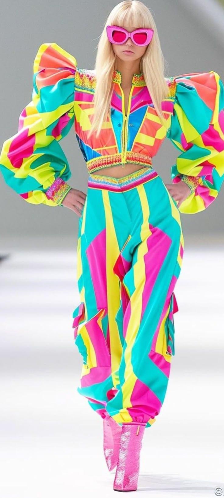 a blonde model in a colorful 80sinspired outfit stands on a runway. she wears pink sunglasses, a short jacket with puffy sleeves, matching highwaisted pants, and pink boots. the clothing features bright neon colors including pink, yellow, orange, and turquoise in geometric and striped patterns. the model poses with her hands on her hips.