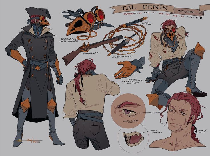 this is a character design sheet for a character named tal fenik, who is a barbarian. it includes various details about the character's appearance, including their clothing, weapons, accessories, and facial features. there are also detailed descriptions of the character's eyes and teeth. the character appears to be a mix of cyberpunk and steampunk styles.