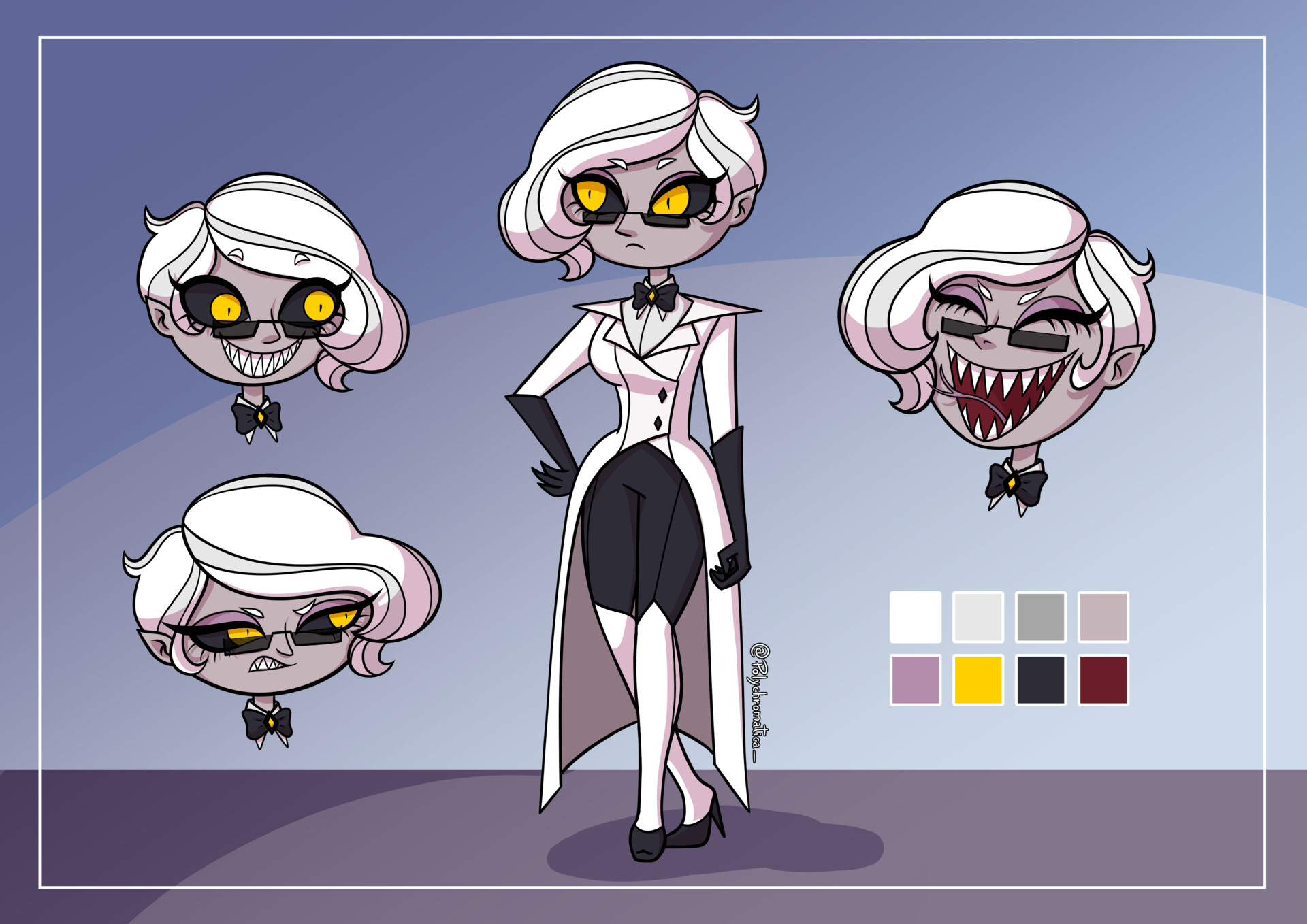 a digital character design presented on a character sheet. the character is a stylish woman with pale white skin, white hair, and striking yellow eyes. she's dressed in a white tuxedo jacket, black pants, and a black bow tie. the character sheet features the full body of the character in the center and three different headshots showcasing various expressions. it also includes a color palette used in the design.