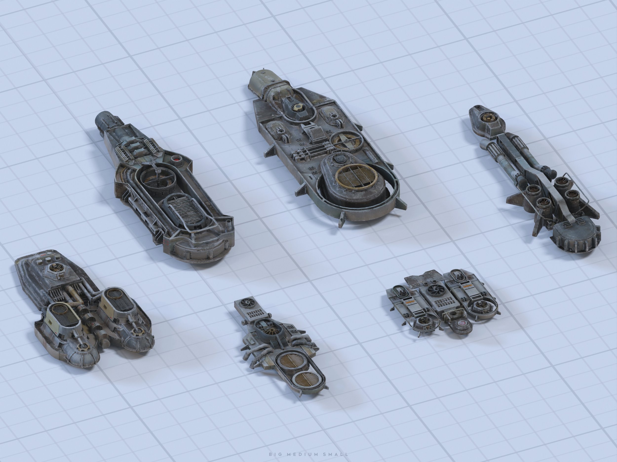 a topdown view of several different 3d models of spaceships, arranged on a gridded surface.  the spaceships vary in size and design, but all share a similar aesthetic of worn, metallic surfaces and industrial detailing. the models seem to represent different classes or sizes of spacecraft. the overall style is futuristic and gritty.