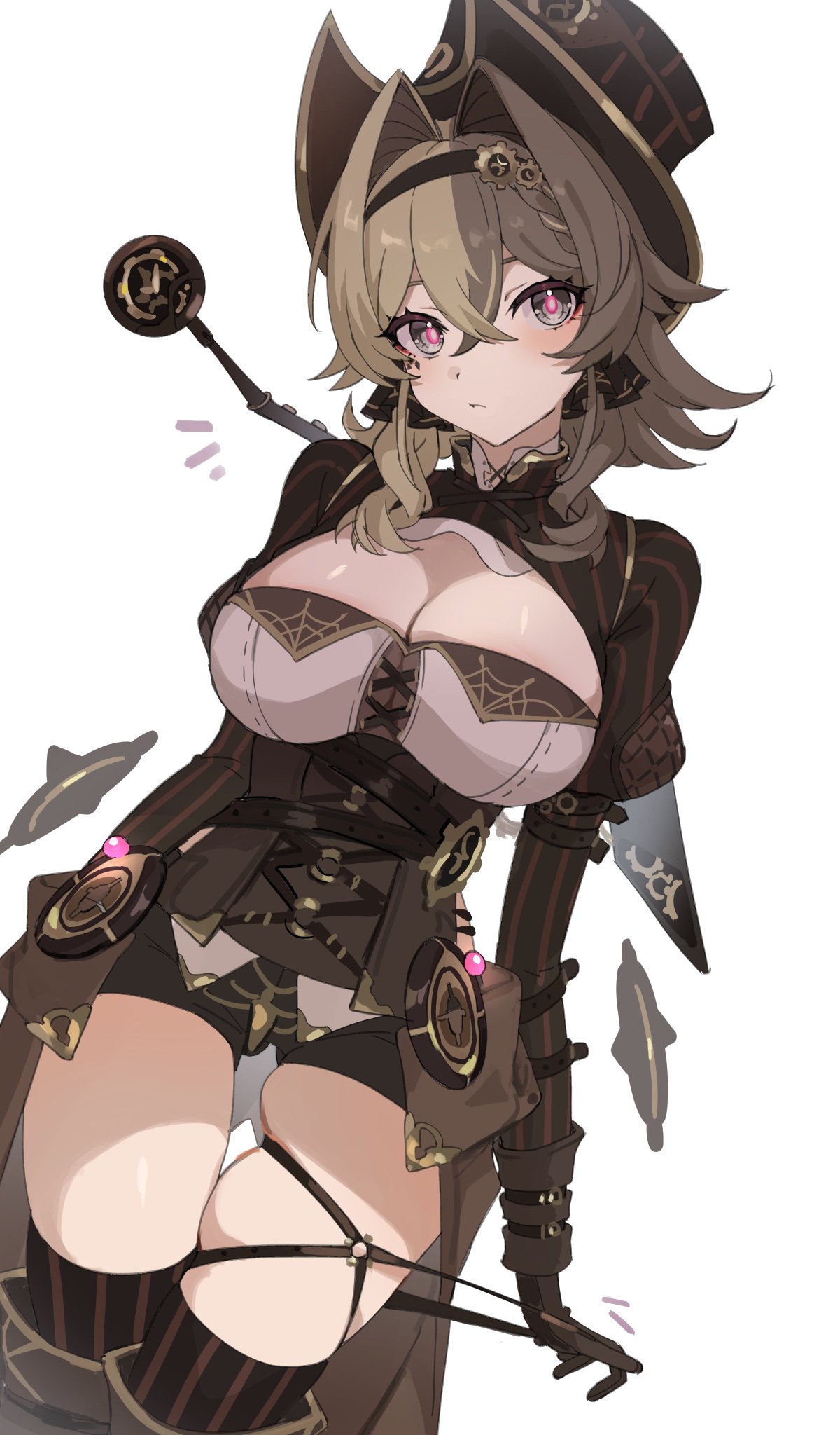 this is a digital art drawing of a female anime character with long brown hair wearing a steampunkinspired outfit with a hat, goggles, a corset, gloves, boots, and a weapon. she is posing with a playful expression on her face.
