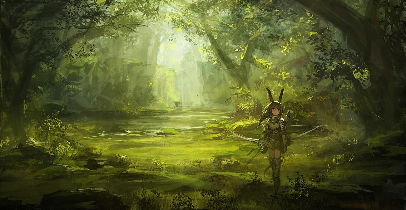 the image is a digital painting depicting a fantasy scene.  a young animestyle girl, dressed in armor and with bunny ears, stands in a lush, verdant forest. she carries a bow and arrow, suggesting she is an archer. the forest is dense with trees, and a calm, murky waterway runs through the center of the image. the overall atmosphere is mystical and serene, bathed in soft, filtered sunlight.  the art style is painterly, with visible brushstrokes contributing to the dreamlike quality of the scene.  the color palette is dominated by various shades of green, creating a cohesive and immersive forest environment. the composition places the girl centrally, drawing the viewer's eye towards her while emphasizing the surrounding environment.