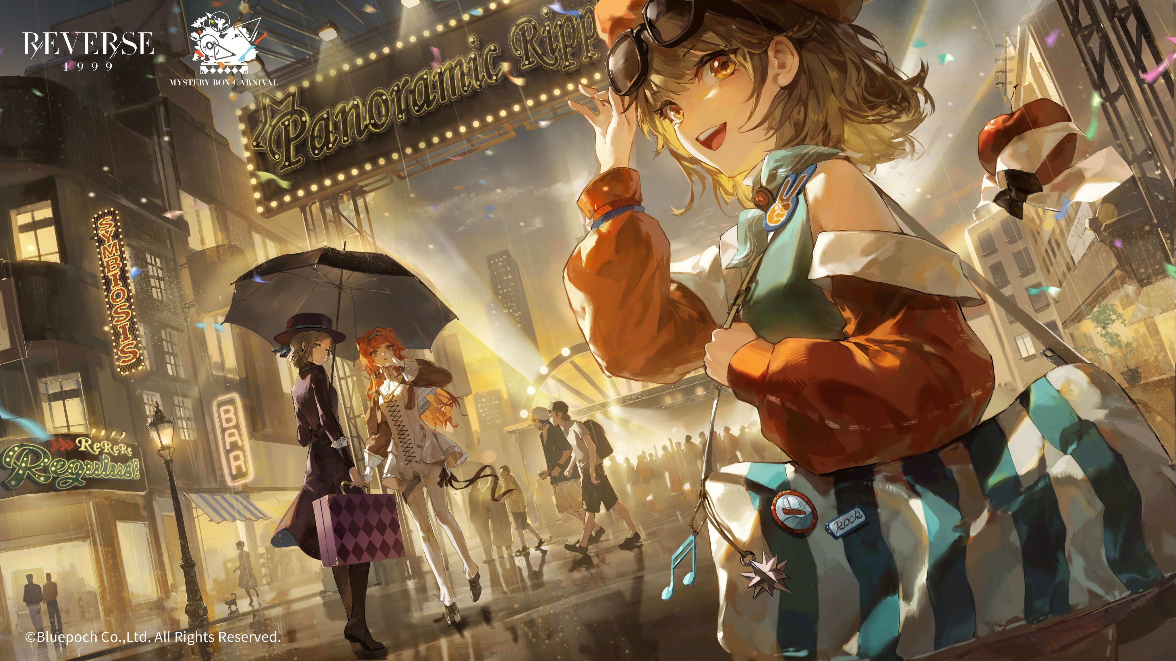 the image is a digital illustration of an anime girl in a city setting. she is wearing a brown and white outfit, has blonde hair, and is carrying a blue and white striped bag with a musical note charm. she is walking down a street with other people, with buildings and shops lining both sides. the image is set at night or dusk, and it is raining. there is a neon sign for "panoramic ripp" in the background.  there are also neon signs for "symbiosis" and "rerere regular." the image has a vibrant and lively feel, with a lot of detail and color.