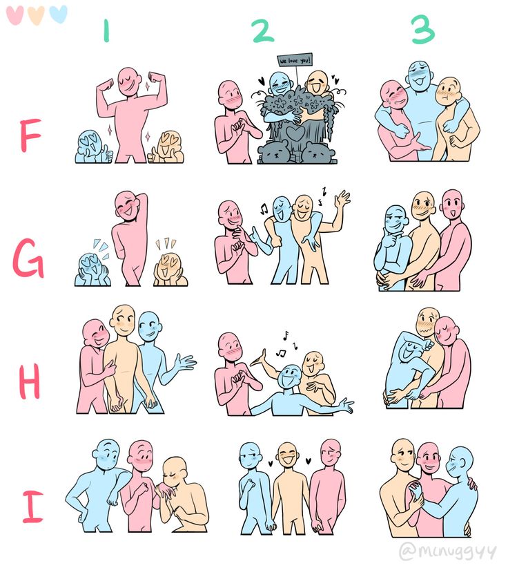 the image is a drawing base template for artists. it features nine different poses of three people in various configurations, including: two people standing sidebyside, two people hugging, two people holding hands, and three people standing together. the poses are labeled with letters and numbers to help users identify them easily. the image is a good resource for artists who want to practice drawing people in different positions or for those who need inspiration for their artwork.