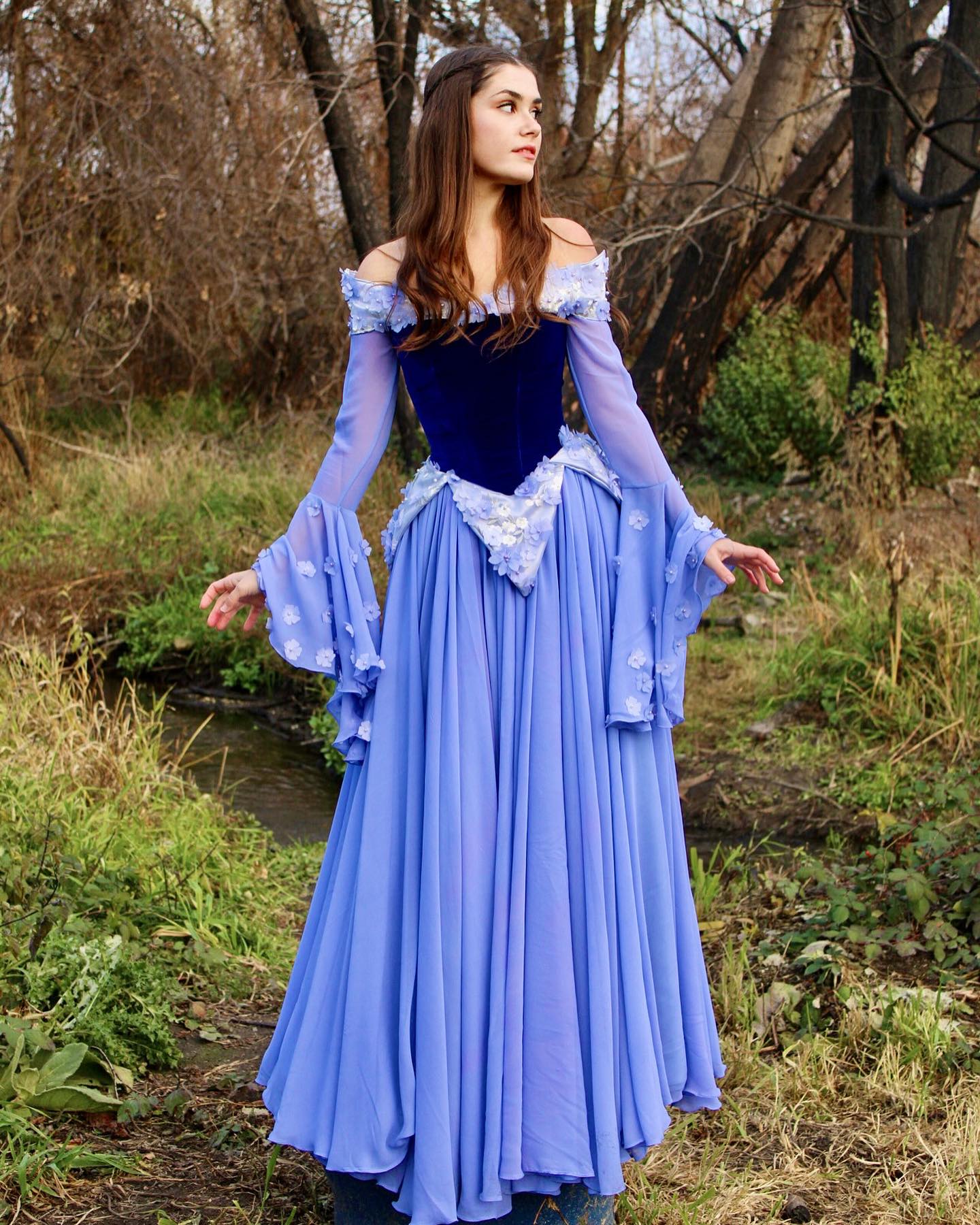 the image showcases a young woman in a stunning, elaborate gown reminiscent of a fairytale princess dress. the dress is a light periwinkle blue with a fitted velvet bodice in dark blue and a full, flowing skirt. it features offtheshoulder sleeves with delicate floral detailing and a pointed, princessstyle waistline.  the model is posing outdoors in a wooded area, looking off to the side, creating a dreamy and romantic atmosphere. the dress appears to be meticulously crafted, with attention to detail in both its design and construction. the setting and the woman's pose contribute to a whimsical, fairytalelike aesthetic.  the overall impression is one of elegance, fantasy, and beauty.