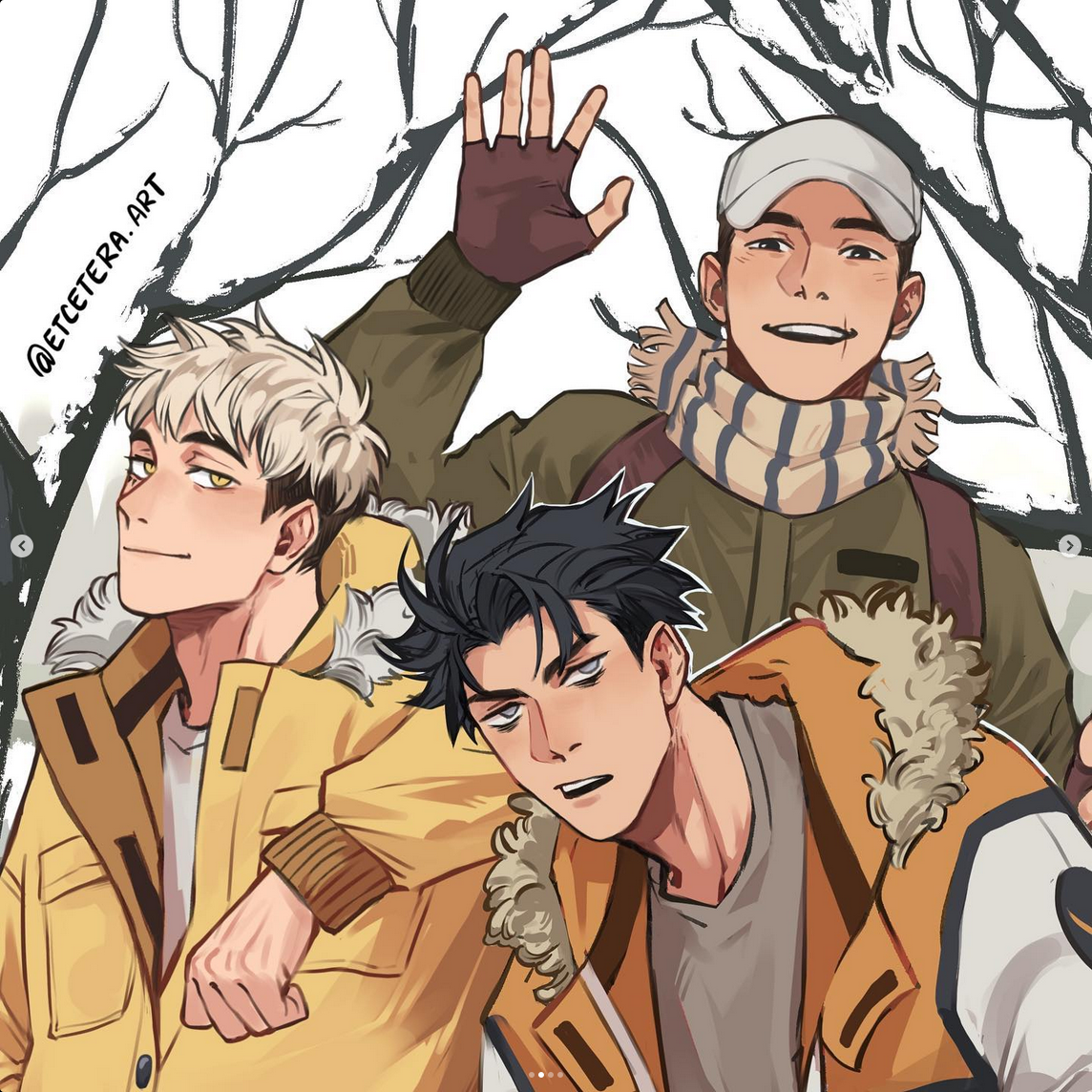 the artwork showcases three young men in a snowy forest setting, likely inspired by the anime/manga haikyuu!!. they wear warm winter clothing, including thick jackets and scarves. the scene evokes a sense of camaraderie and friendship. the soft lighting and slightly low angle contribute to the overall pleasant and inviting atmosphere.