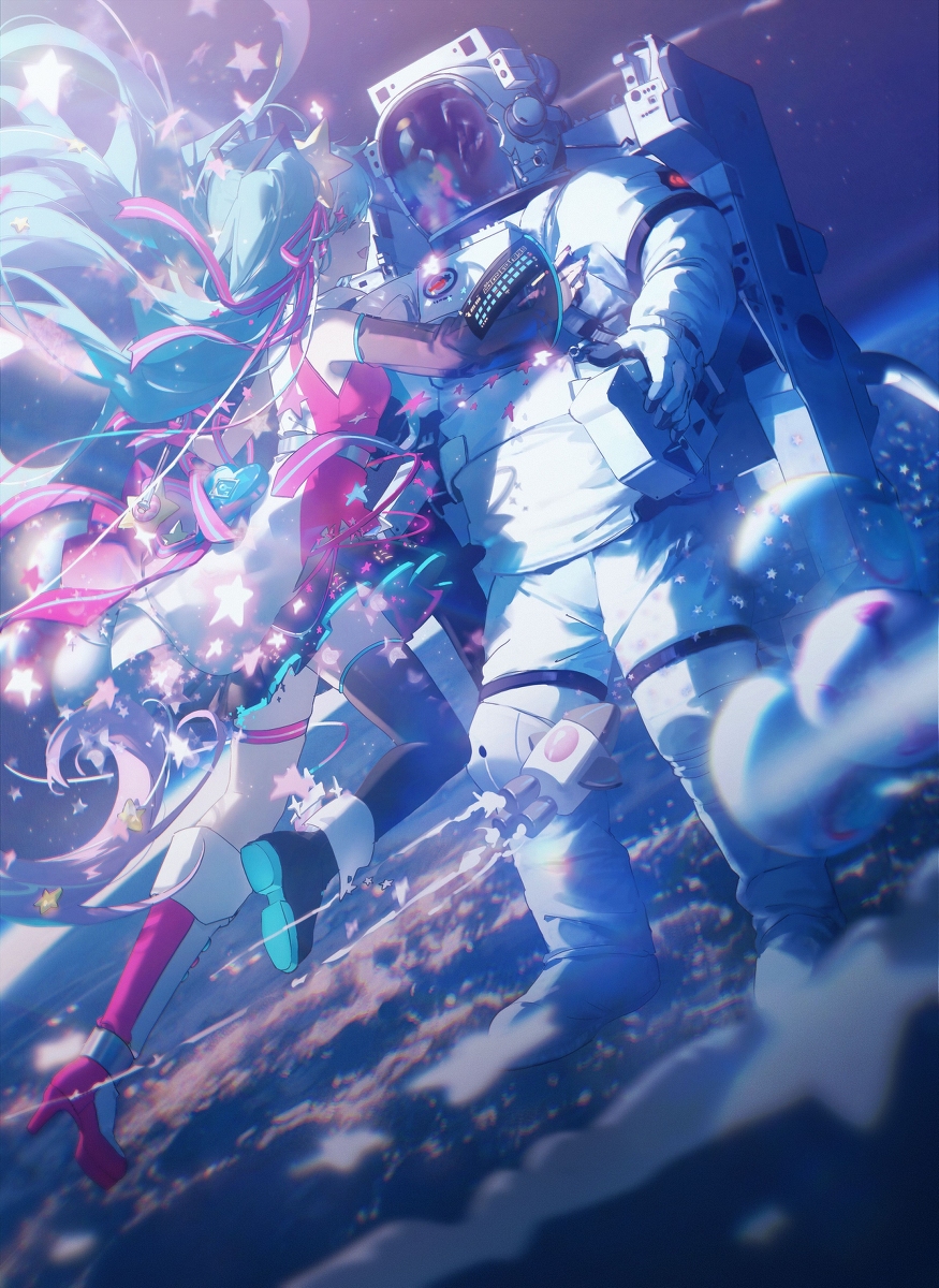an illustration depicts an astronaut in a white spacesuit standing next to an animestyle girl amidst a space setting with stars and a planet below. the astronaut is wearing a helmet and the girl has pink and blue hair with starshaped decorations. the scene has a futuristic and science fiction feel.