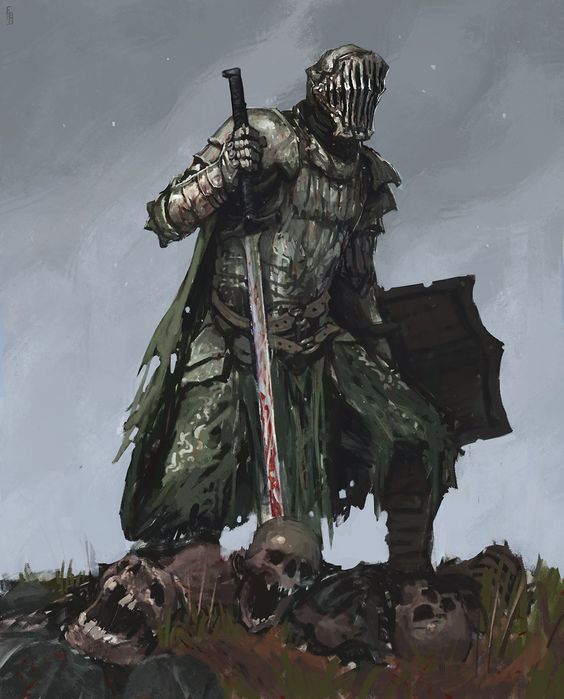 a lone knight in battered armor stands atop a pile of skulls. his sword is drenched in blood and his shield is at the ready. the sky is overcast and the overall mood is dark and grim.