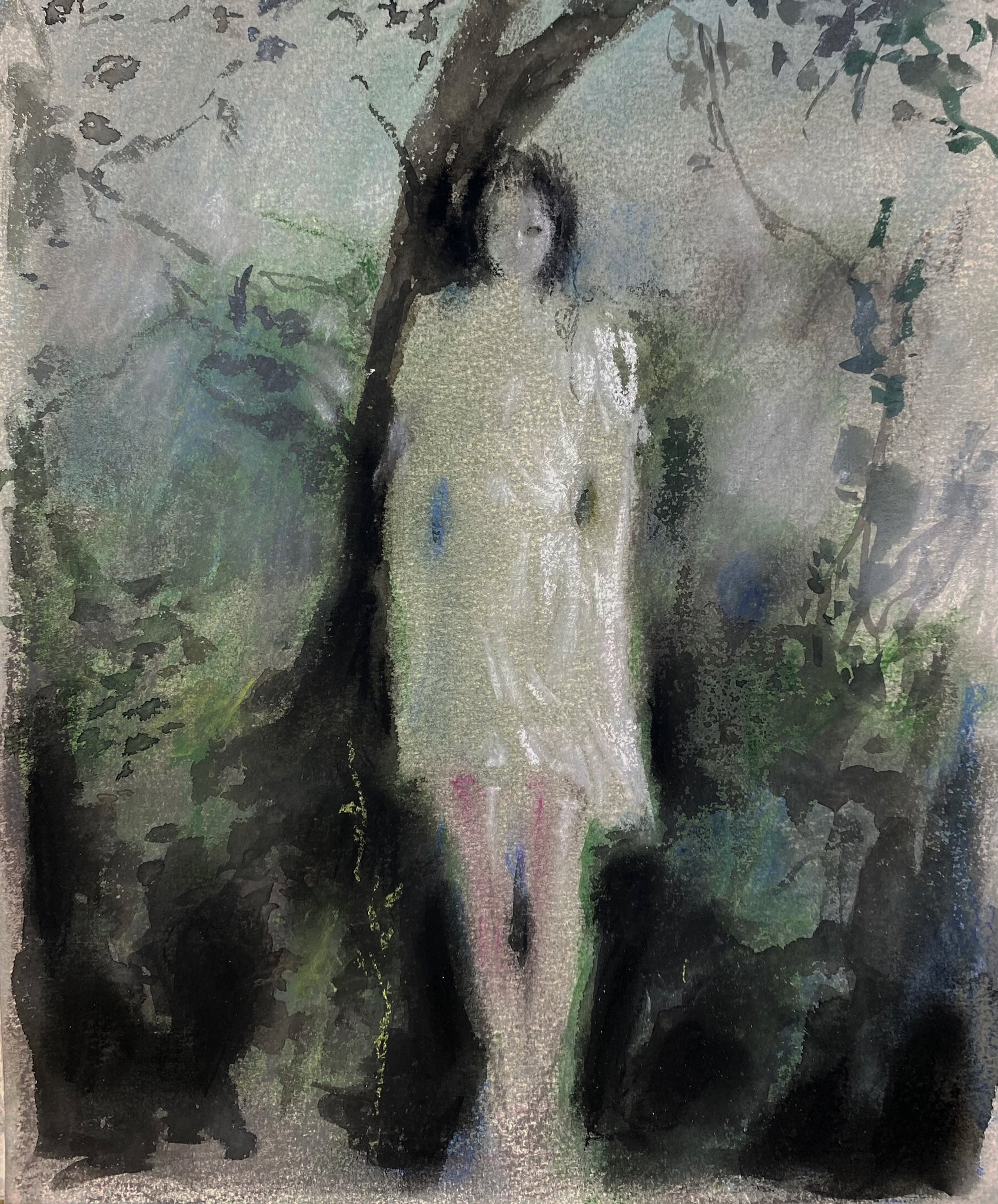 the image is a watercolor painting of a woman in a white dress standing in a forest. the woman is standing in front of a tree, and her body is partially obscured by the foliage. the painting has a soft, dreamlike quality, and the colors are muted and ethereal.