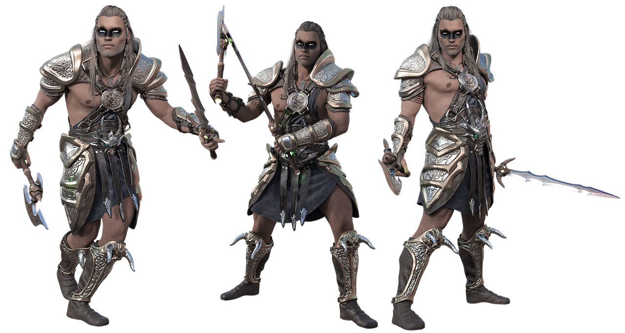 three renderings of a male warrior character in silver and dark armor are displayed against a black background. the warrior has dark hair styled with twists and decorative facial markings under his eyes. he is equipped with various weapons including axes and swords and his armor includes shoulder pads, gauntlets, a chest piece, skirtlike armor, and embellished boots. the image showcases the character from different angles.