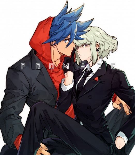 the image is a piece of fanart depicting lio fotia and galo thymos from the anime promare.  it showcases a closeup, intimate portrayal of the two characters in a romantic embrace.  galo, with his vibrant blue hair and red hoodie, is positioned behind lio, who is elegantly dressed in a black suit and has light blonde hair. the artwork is digitally rendered, capturing a striking balance between the characters' contrasting styles and the intensity of their interaction.  the overall tone is passionate and stylish, emphasizing both the characters' personalities and their relationship.  the word "promare" is subtly overlaid on the image.