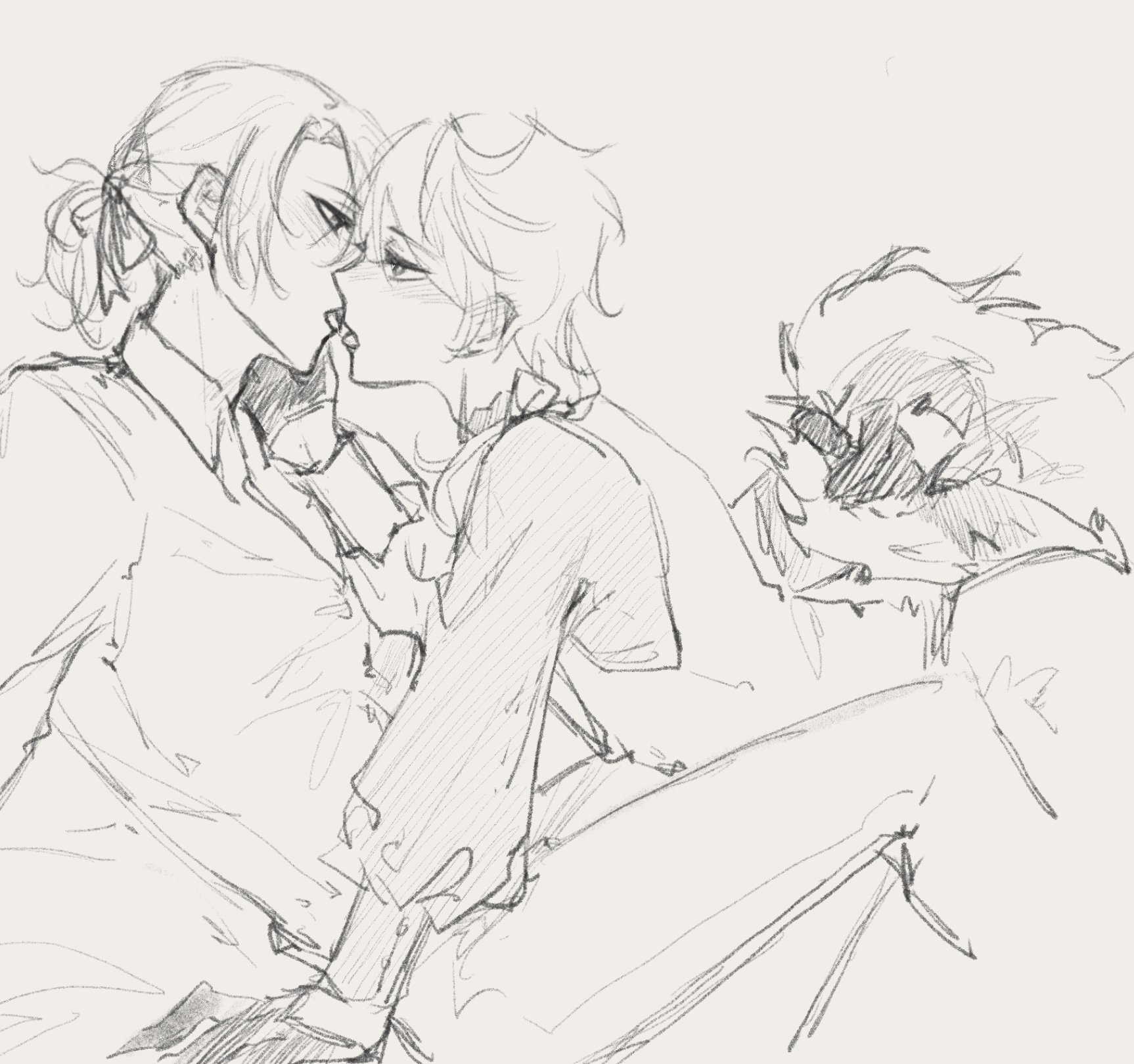 this is a pencil sketch of two characters, one with long blond hair wearing a collared shirt and the other with short blond hair wearing a longsleeved shirt