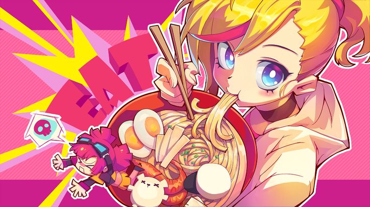 the image features a cartoon anime girl with blonde hair, wearing a white hoodie with a pink stripe, and a black choker. she is smiling and holding chopsticks as she eats ramen from a red bowl. the ramen has noodles, shrimp, and eggs in it. the image is set against a pink background with yellow stars and the word "eat" written in a bold font.