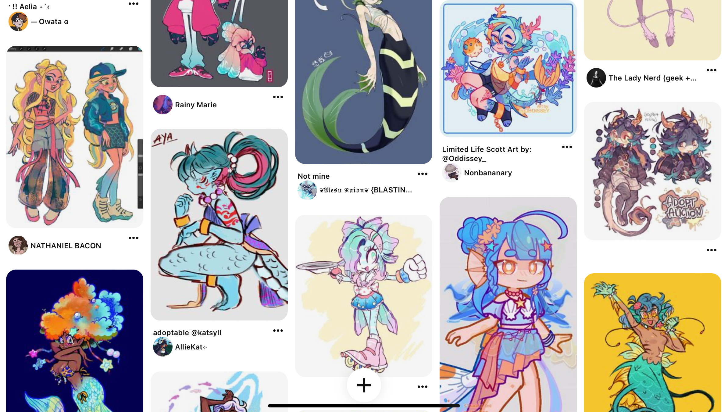 the image showcases a grid of digital illustrations featuring diverse mermaid characters. each artwork exhibits unique styles, colors, and details. the characters are predominantly femalepresenting and depicted in various poses, expressions, and outfits, highlighting the creativity of different artists. the image appears to be a screenshot from a digital platform like pinterest, evidenced by the platform's icons and layout.