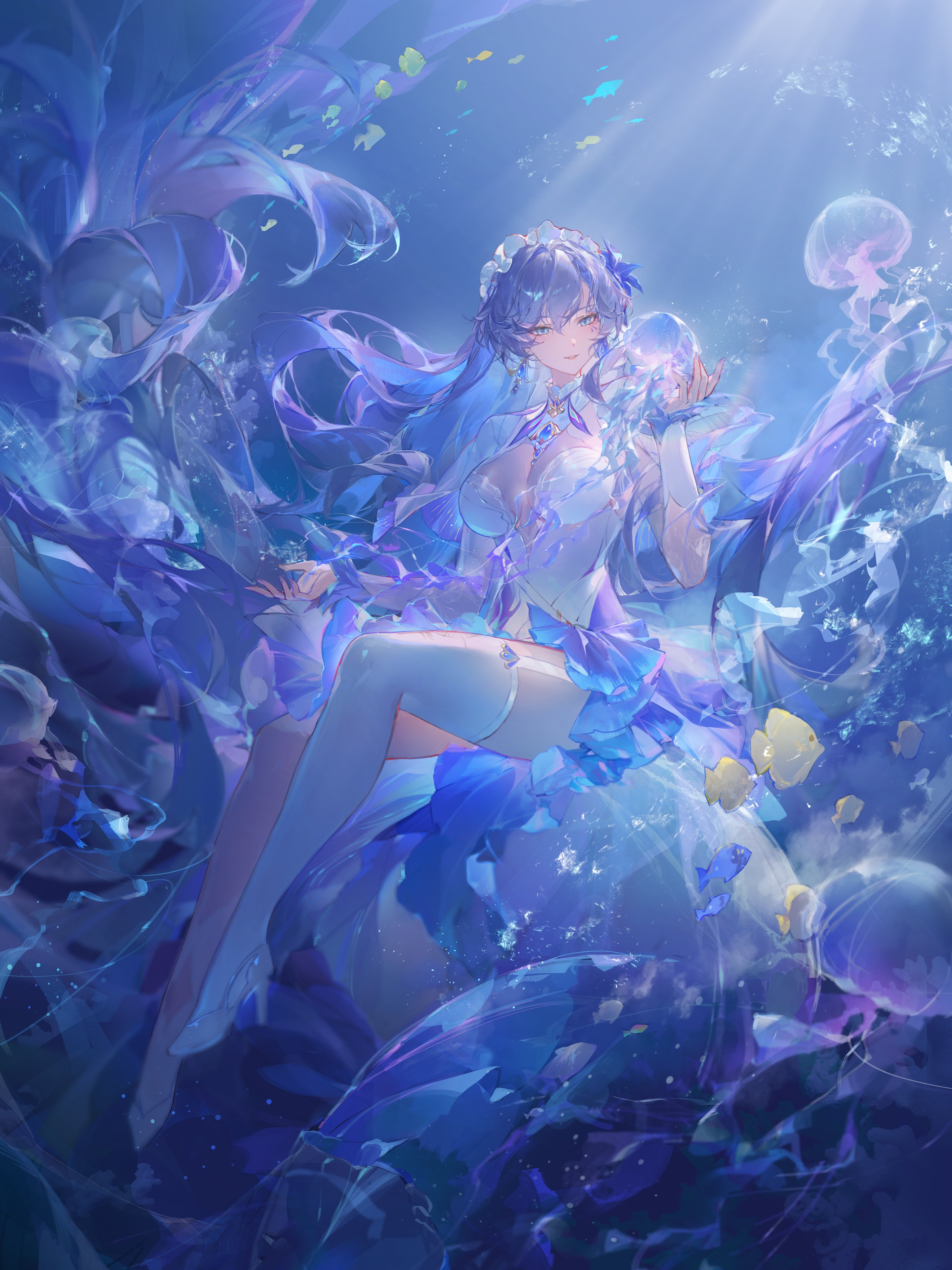 an animestyle illustration features a girl with long, flowing blue hair, wearing a white and blue dress. she is positioned underwater, surrounded by jellyfish and various small fish. the scene is bathed in blue hues and illuminated by sunlight filtering through the water.