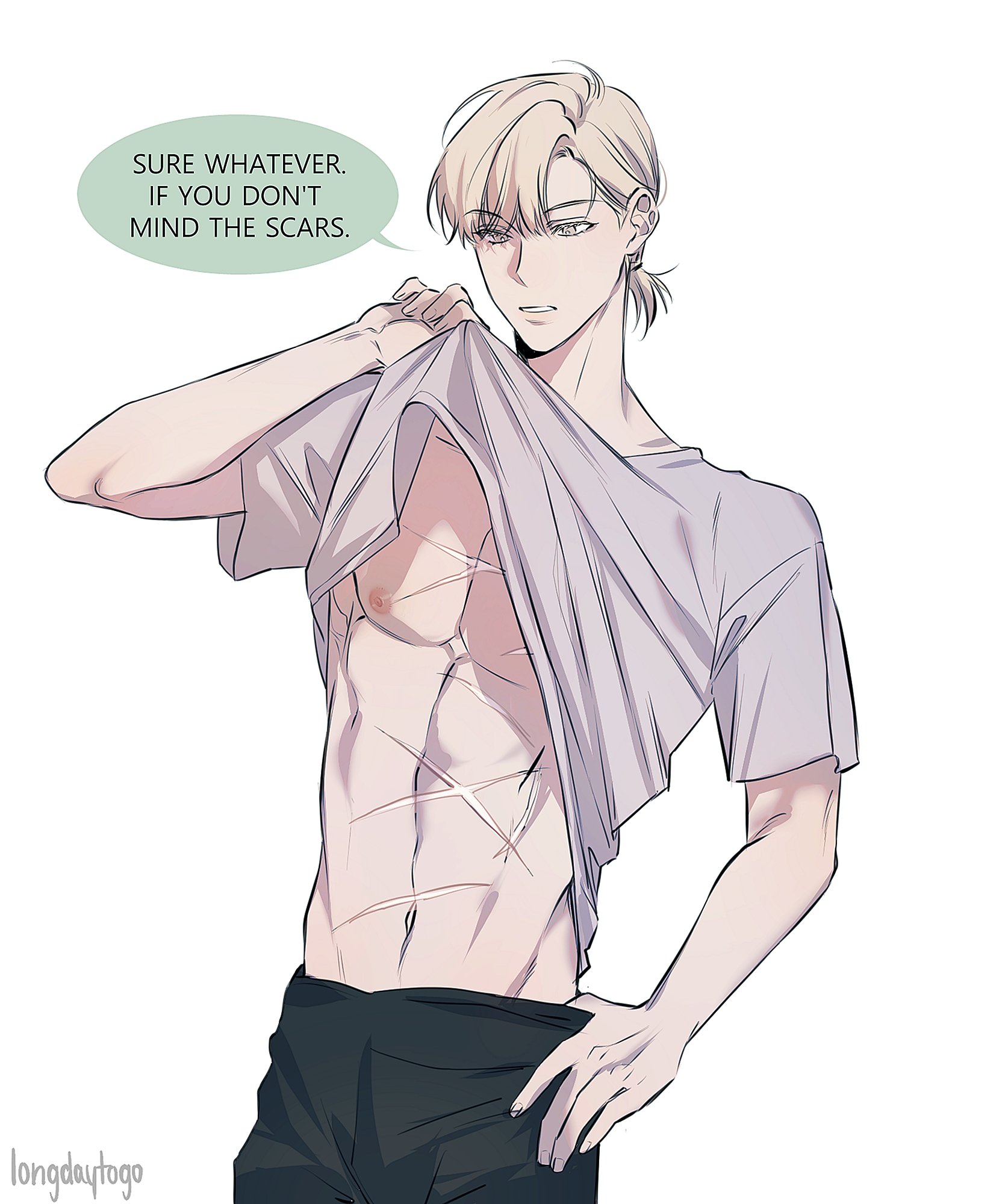 the image is a digital drawing of a young, blondhaired animestyle man lifting his shirt to reveal scars on his abdomen.  he has a somewhat pensive expression and a speech bubble above him says "sure whatever. if you don't mind the scars." he is wearing darkcolored shorts underneath his shirt. the art style is clean and expressive.