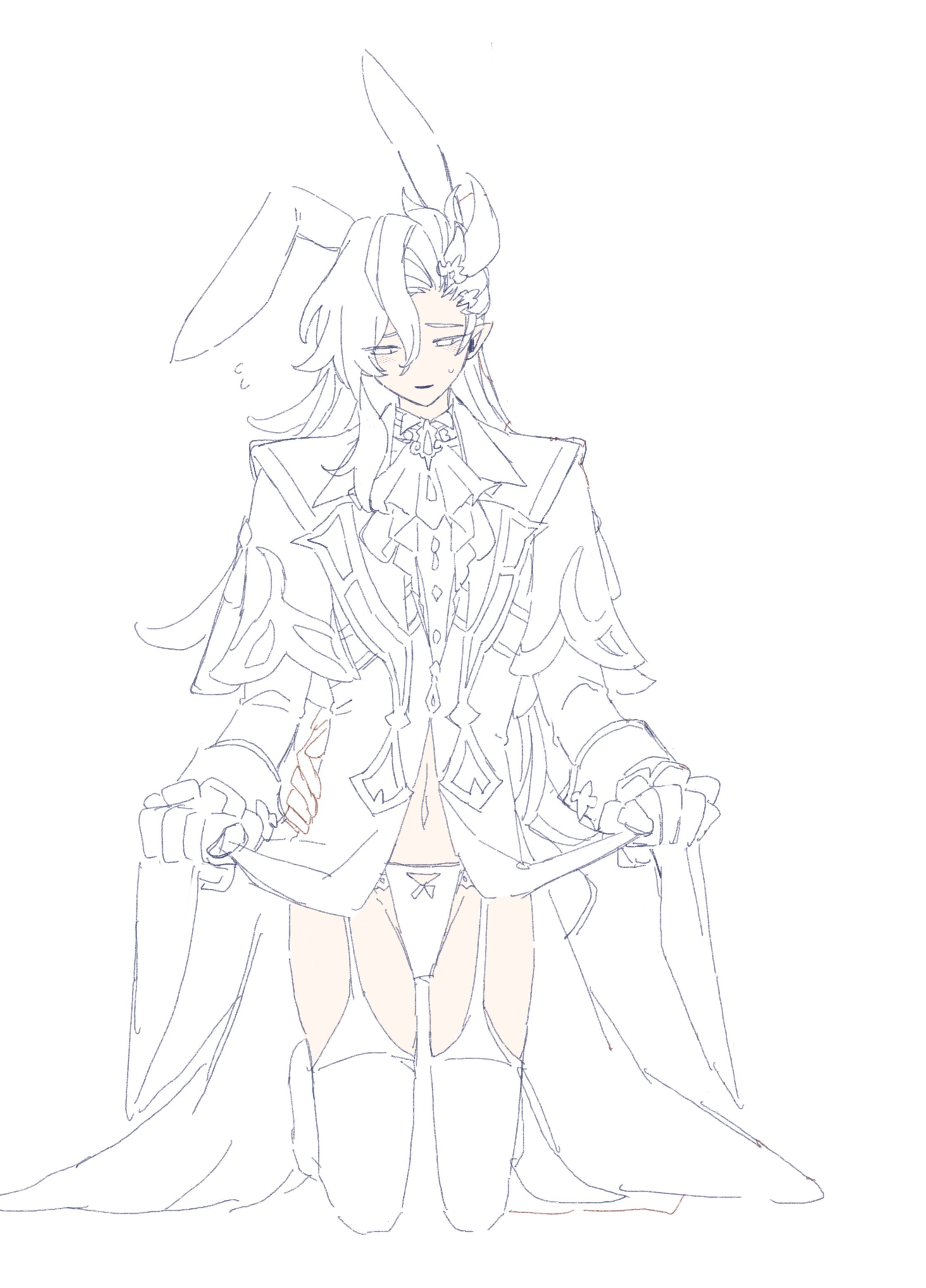 he image is a line drawing of an animestyle male character. he has long white hair, bunny ears, and is wearing a white suit. he is kneeling and suggestively lifting the bottom of his coat to reveal his underwear and stockings.  the style is light and delicate, with soft lines and shading. the overall impression is playful and mischievous, yet also elegant. the artwork appears to be a sketch or preliminary drawing.