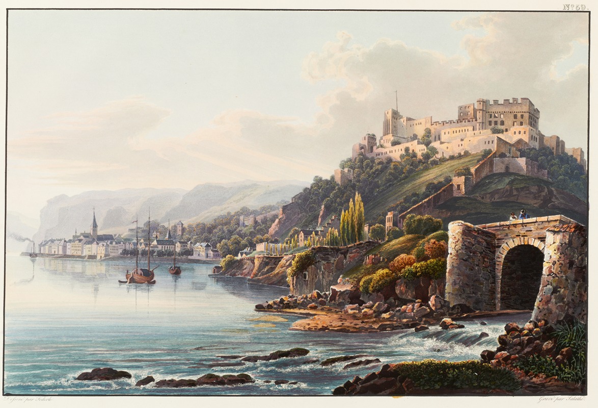 a painted landscape featuring a river with boats and a town visible in the background. in the foreground, there is a stone bridge over the water. a large castle sits atop a hill overlooking the river and town. the painting also depicts cliffs, trees, and a cloudy sky.