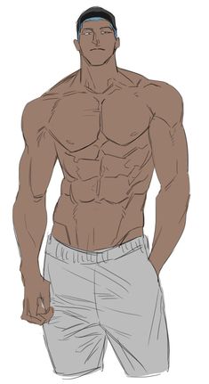 this is a sketch of a muscular man with his hands in his pockets. he appears fit and strong, likely an athlete.  he is wearing lightcolored athletic shorts.