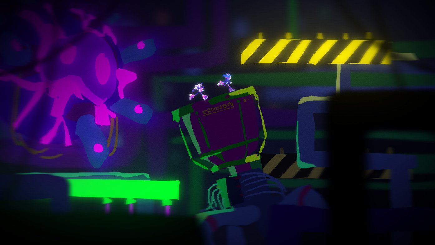 this is a vibrant, neonlit screenshot from what appears to be a platformer video game. two small characters are standing on a platform, seemingly metallic and industrial in design, with the word "factory" emblazoned on the side. in the background, a large, circular object pulsates with pink and purple hues, hinting at a futuristic or otherworldly setting.  the overall atmosphere is dark and atmospheric, illuminated by the artificial glow of the neon lights.