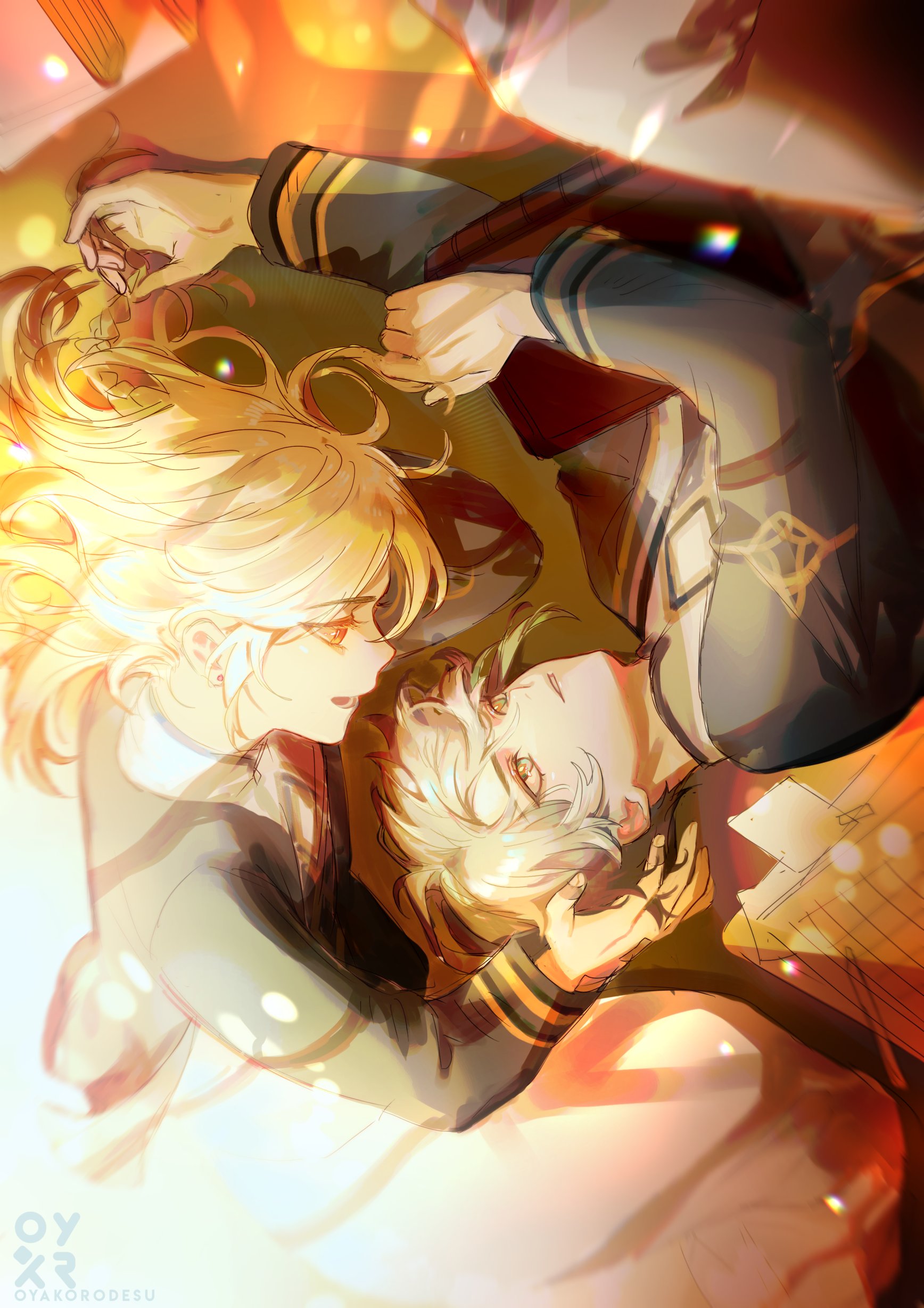 this is an anime style illustration of two young people in school uniforms. the female character has blonde hair and blue eyes while the male character has white hair and yellow eyes. they are embracing and floating together with light glowing around them. this image is a representation of love and romance.