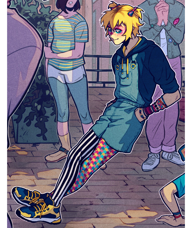 the illustration depicts a group of young adults enjoying a day out on a sunny street. a blonde character with colorful attire stands out, showcasing a unique fashion sense with overalls, striped leggings, and bright sneakers. the scene is vibrant and full of life, capturing a moment of casual camaraderie among friends.