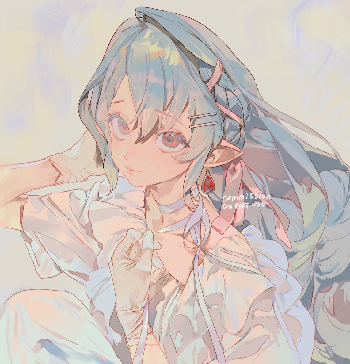 a digital illustration of an animestyle girl with long, flowing blue hair adorned with pink ribbons and hair clips. she has elflike ears and wears a red earring. she is dressed in a white dress with ruffled details. her skin is pale and the overall aesthetic is soft and dreamy with pastel colors and delicate features. the text "commission do not use" is visible on the image. she is looking up with a slight smile.