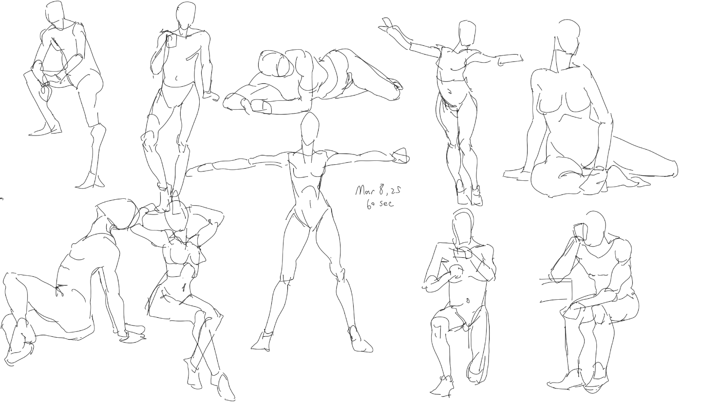 the image contains several quick sketches of human figures in various poses. the drawings are done in line art style with minimal details, focusing on capturing the gesture and form of the human body. there are both seated, standing, and reclining figures. a note "mar 8,25 60 sec" suggests these are timed sketches.