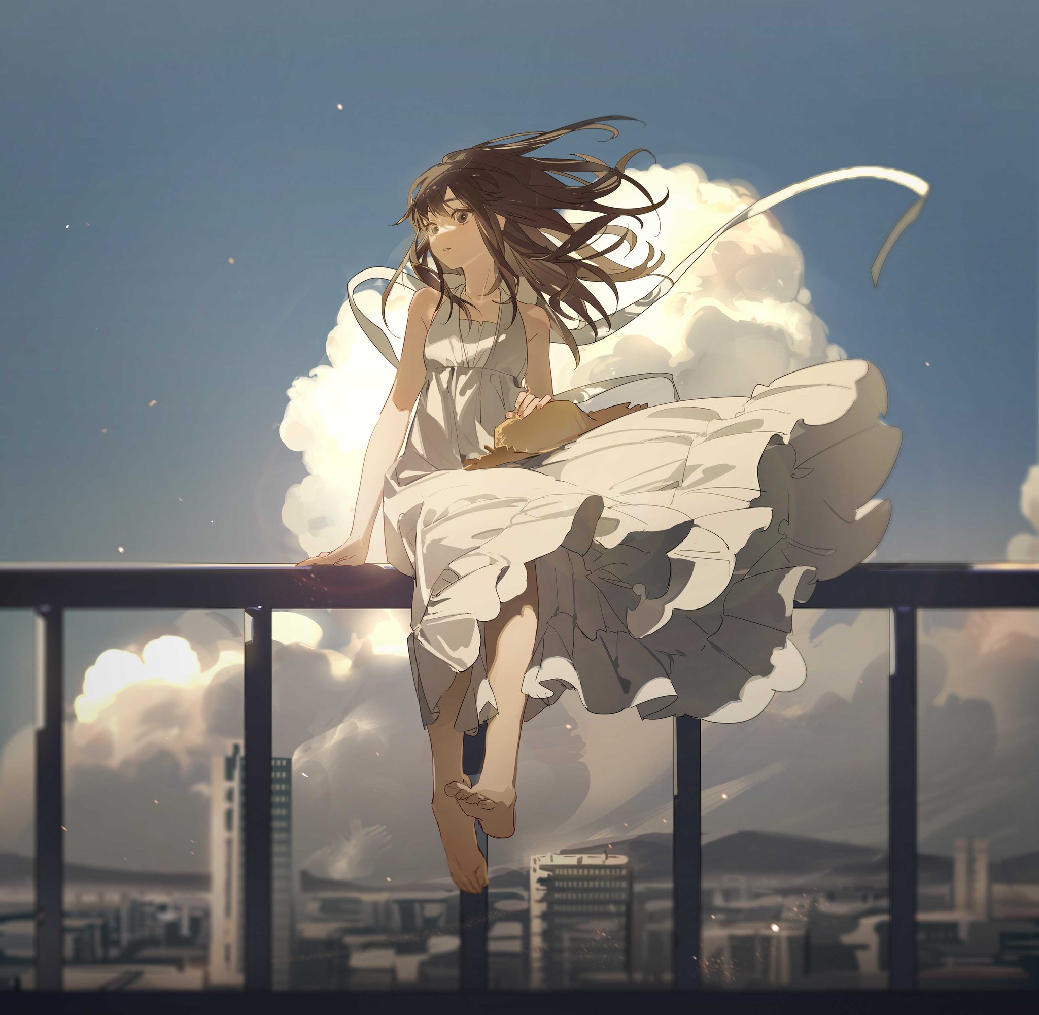 an anime girl in a white dress sits on a railing overlooking a city. the sky is blue with puffy white clouds. her brown hair is windblown. she is barefoot and holds a hat in her lap. the cityscape is visible below, with buildings stretching to the horizon. it's a sunny day.