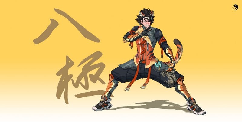 this digital art illustration depicts an animestyle character in a fighting pose, with dynamic lines and bold colours. he wears a tigerstriped outfit, and his pose suggests martial arts prowess.  the background is a yellowtowhite gradient, with a "yin yang" symbol and a chinese character in a gold color. the image is likely from a game or a fantasy story and has a strong visual appeal.