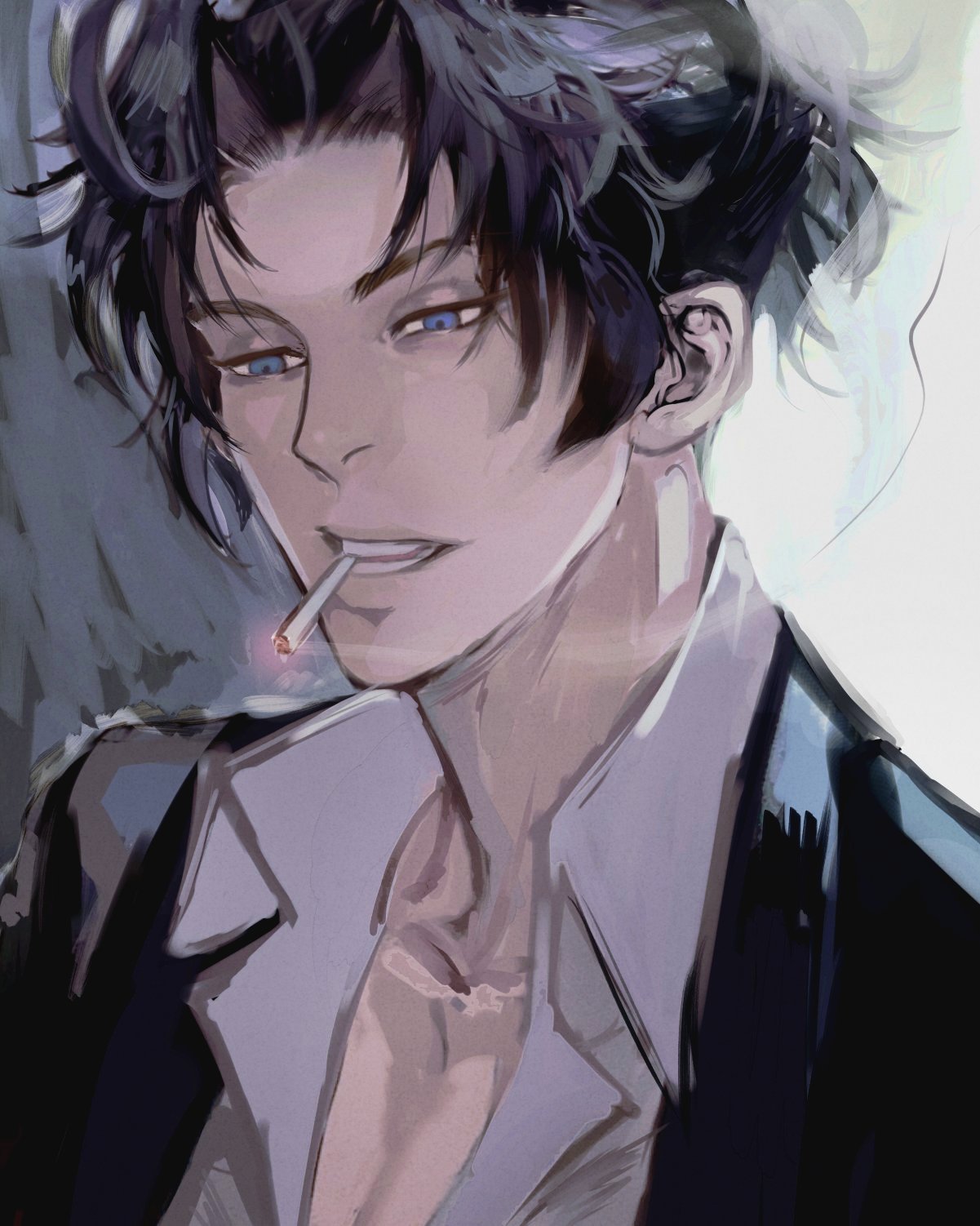 this is a digital illustration of a handsome anime character. he has black hair and blue eyes and is wearing a black suit. he is holding a cigarette in his mouth and is staring at the viewer with a serious expression. the background is blurred and there is smoke coming from the cigarette.