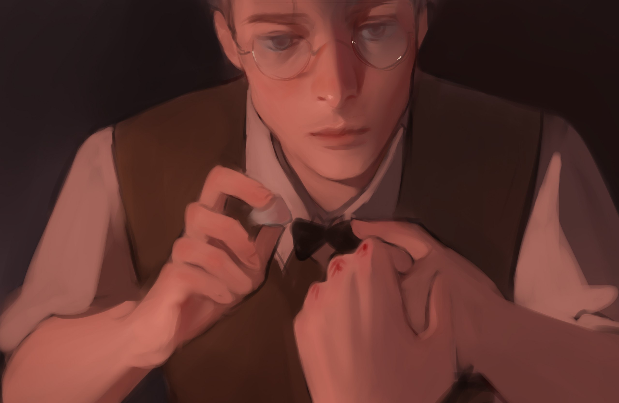 he image shows a closeup of a young man with round glasses adjusting his bow tie.  he is lit by warm, soft light, giving the image a vintage feel.  the focus on his hands and the thoughtful expression on his face creates an intimate atmosphere.