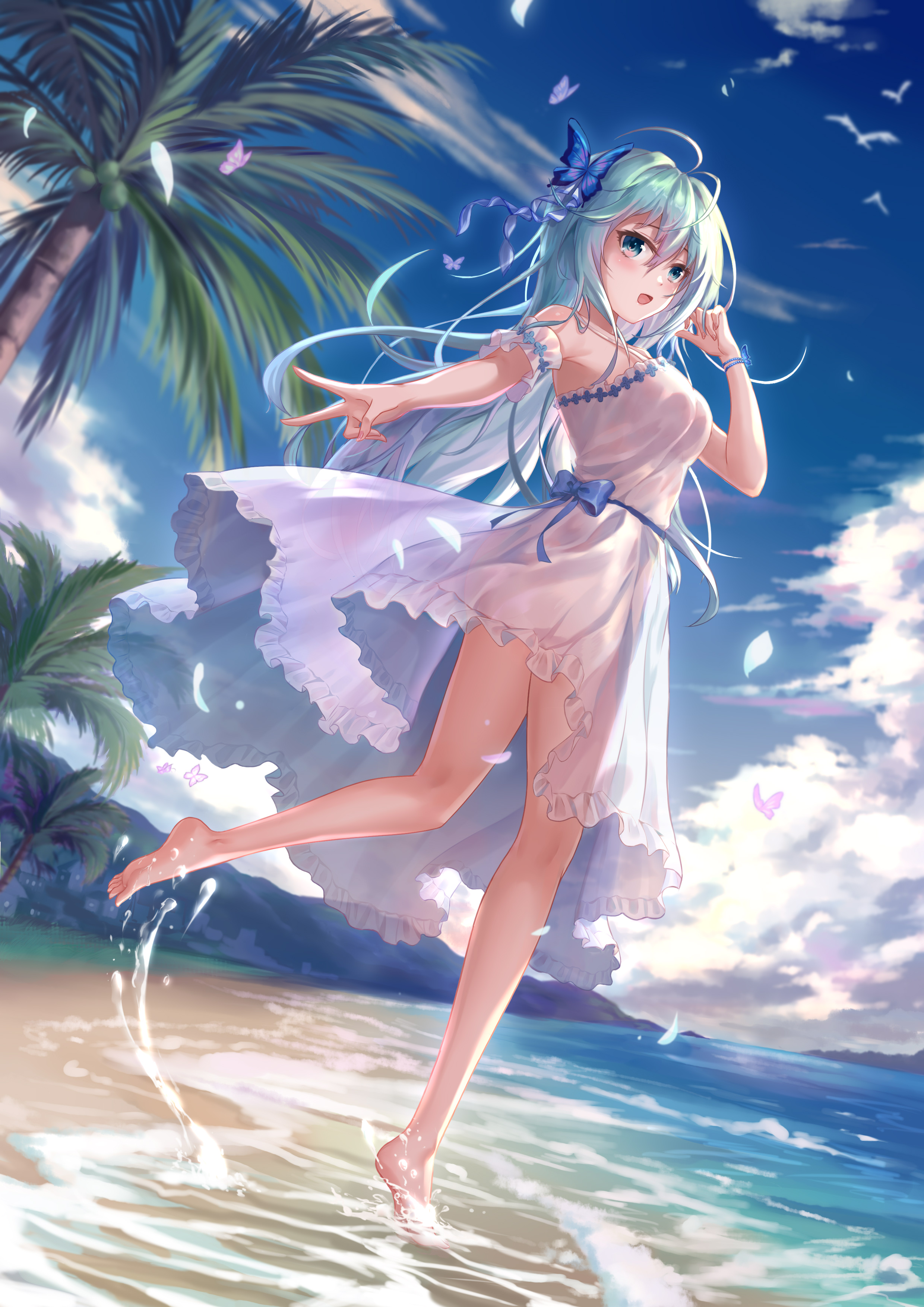 the image is a digital illustration of an animestyle girl with long, light blue hair. she's wearing a light purple summer dress and is joyfully running along a beach toward the ocean.  butterflies float around her, and palm trees are visible in the background, suggesting a tropical setting. the overall style is soft and dreamy, with a focus on light and color. the scene is peaceful and evokes a feeling of carefree summer fun. the girl's expression is one of happiness and playfulness.