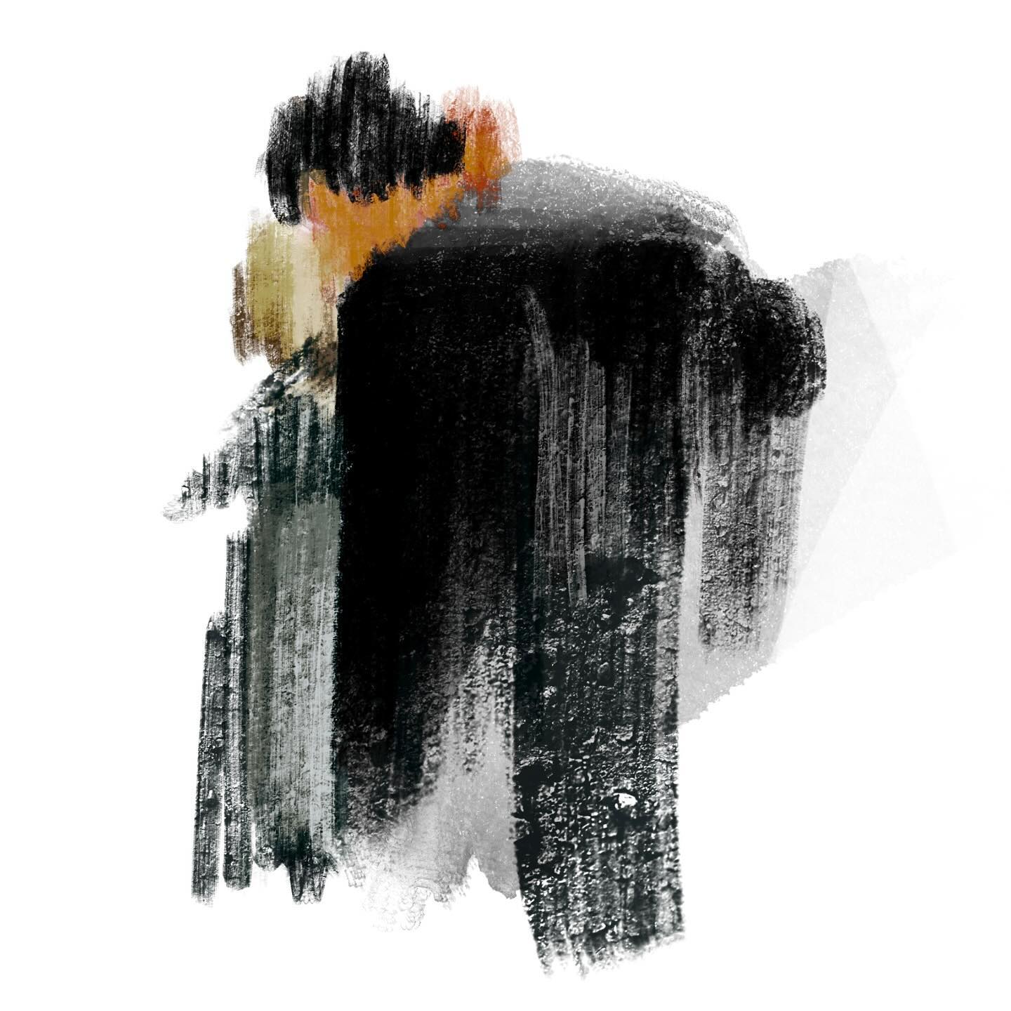 the image is an abstract digital painting depicting what appears to be two figures embracing or huddled together.  the style is expressive and uses heavy, textured brushstrokes primarily in shades of black, grey, and white, with a touch of orange visible near the figures' heads. the figures themselves are not clearly defined, lending to the overall abstract and emotional quality of the piece. the background is largely white, allowing the dark brushstrokes to stand out prominently. the overall mood is somewhat melancholic or somber.