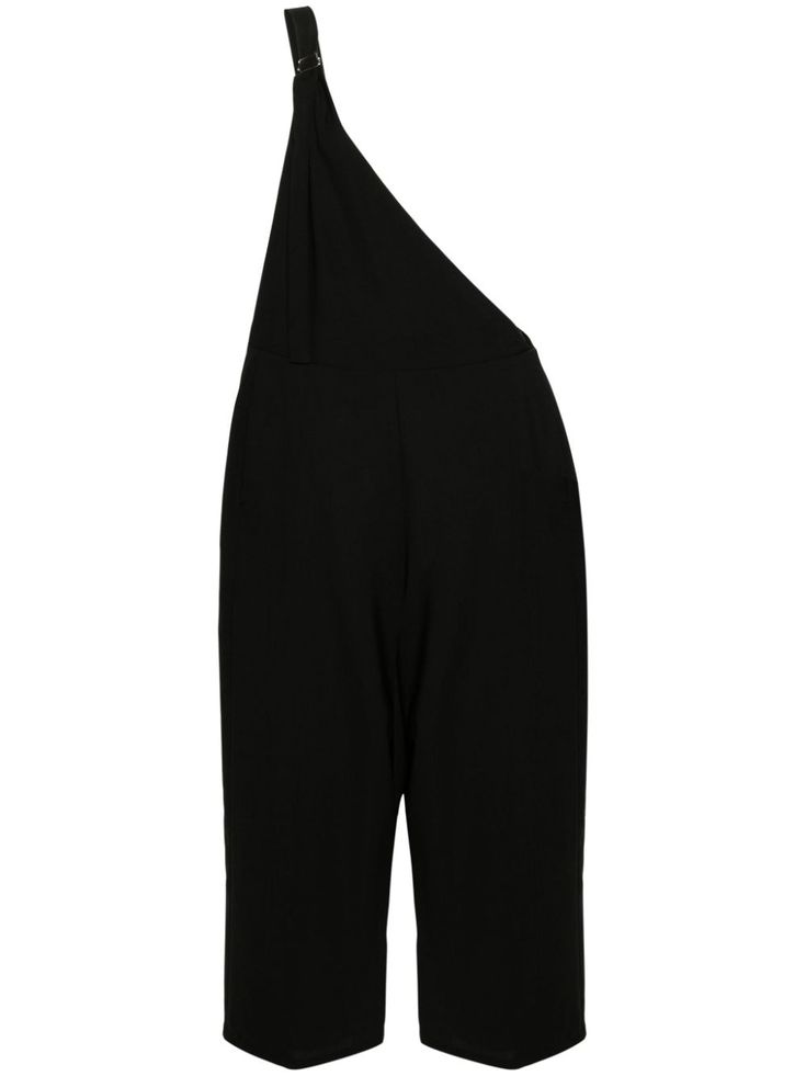 a black oneshoulder jumpsuit, sleeveless and casual. the jumpsuit is made of a soft, comfortable fabric and has a relaxed fit. the single shoulder strap has a clip closure at the neck.