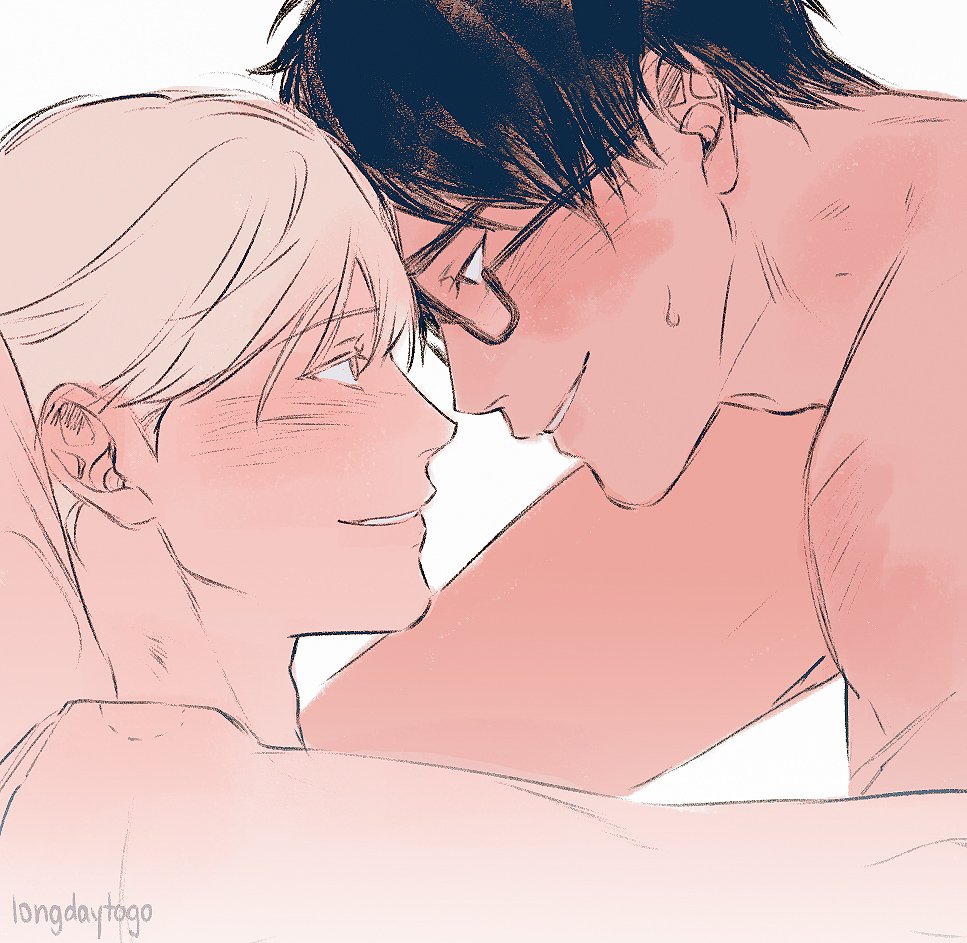 the image is a digital drawing or fanart in an anime/manga style depicting a romantic scene between two young men. they are very close, their faces almost touching, with a blush on their cheeks indicating intimacy. one has short dark hair and glasses, while the other has long, light blonde hair.  the style is soft and gentle, with peach and pink tones dominating the color palette. the focus is on their faces and upper bodies, emphasizing their closeness and affection. the overall mood is romantic and tender. the art style suggests a potentially "boys love" (bl) or yaoi context, indicating a romantic relationship between the two characters.