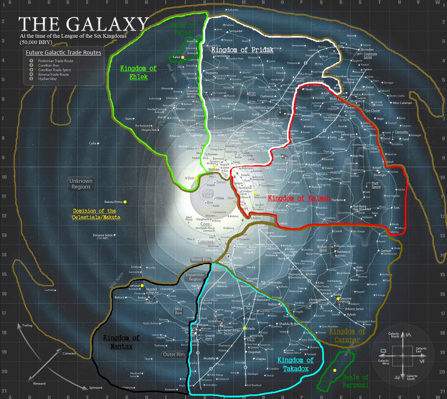 the image is a map of a fictional galaxy from a scifi universe, most likely star wars. it shows the territories of six kingdoms, the "league of the six kingdoms," and their borders.  it also shows trade routes, regions, and celestial objects. the galaxy is depicted as a swirling nebula with the kingdoms taking up most of the space within it.  this map is likely depicting the galaxy at a particular point in the fictional timeline of the story.